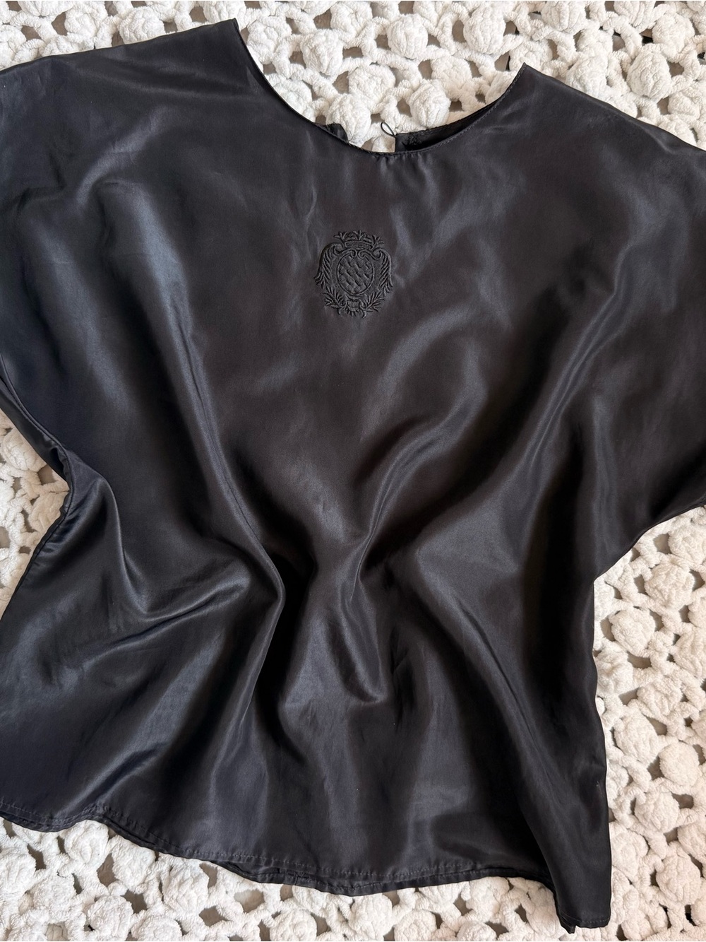 Vintage Black Women's satin feel Top with Embroidered Crest and shoulder pads